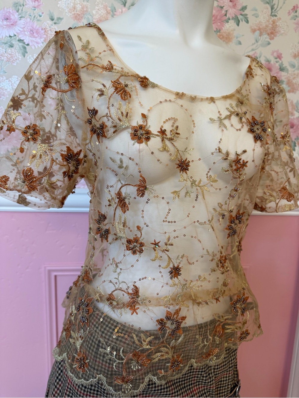 Y2K Sheer Embroidered Floral Mesh Top in Gold and Brown